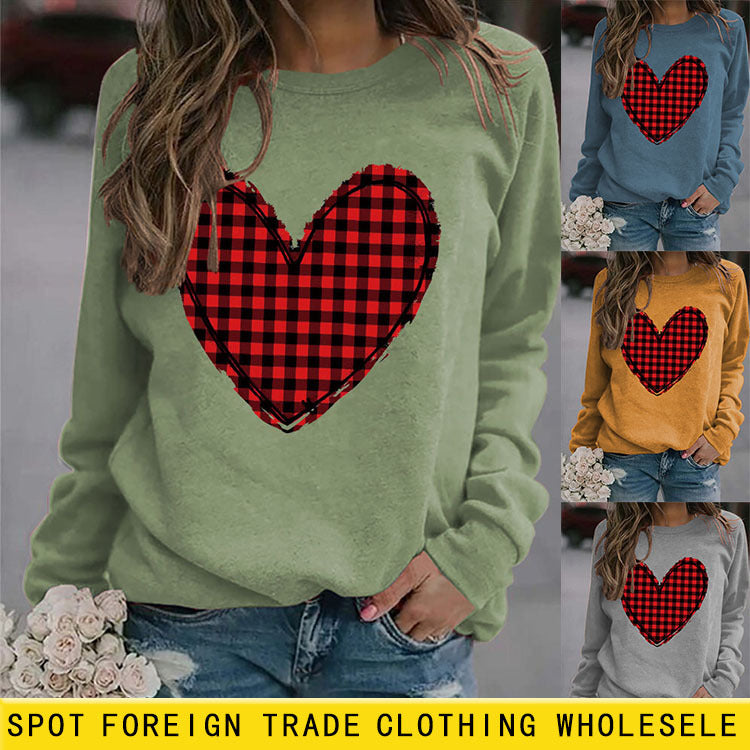 Valentine's Day Women's Fall and Winter Plaid Love Print Sweater