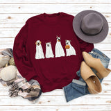 Halloween Ghost Puppy Print Rundhals Herbst Winter Rückenfrei Lose Langarm Damen Sweatshirt