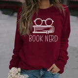 Livre Nerd Lunettes Livre Imprimé Lâche Fond Manches Longues Pull Grande Taille