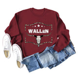 WALLEN Pull surdimensionné à manches longues et tête de vache avec lettres léopard