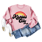 Sweat-shirt à manches longues imprimé lettre arc-en-ciel Kansas City pour femme