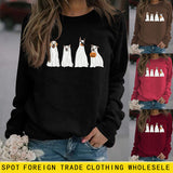 Halloween Ghost Puppy Print Rundhals Herbst Winter Rückenfrei Lose Langarm Damen Sweatshirt