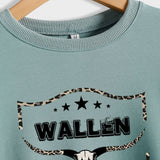 WALLEN Pull surdimensionné à manches longues et tête de vache avec lettres léopard