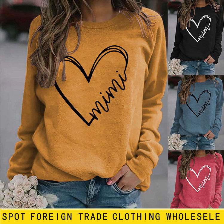 Col rond lettre femmes hauts à manches longues imprimé pull ample sweat-shirt