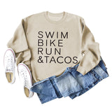 SWIM BIKE RUN TACOS BUCHSTABEN LOCKERES DAMEN SWEATSHIRT