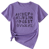 ABCDEFGHIJKIMMN Letter Print Women's New Crewneck Short Sleeve Shirt for Summer
