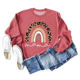 Mama Love Sweat-shirt ample à manches longues et col rond avec imprimé léopard arc-en-ciel