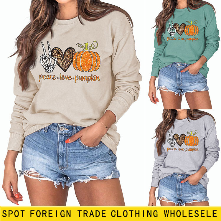 Peace Love Pumpkin Leopard Love Letter Round Neck Loose Long Sleeve Sweater Women