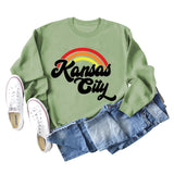 Sweat-shirt à manches longues imprimé lettre arc-en-ciel Kansas City pour femme