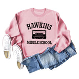 HAWKINS MIDDLE Letter Damen Pullover mit Rundhalsausschnitt, langen Ärmeln, Übergröße