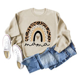 Mama Love Sweat-shirt ample à manches longues et col rond avec imprimé léopard arc-en-ciel