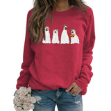 Halloween Ghost Puppy Print Rundhals Herbst Winter Rückenfrei Lose Langarm Damen Sweatshirt