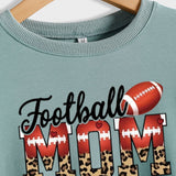 Football Mom Love Leopard Rugby Letter Crew Neck Large Long Sleeve Sweatshirt Women