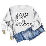 SWIM BIKE RUN TACOS BUCHSTABEN LOCKERES DAMEN SWEATSHIRT