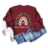 Mama Love Sweat-shirt ample à manches longues et col rond avec imprimé léopard arc-en-ciel