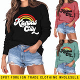 Sweat-shirt à manches longues imprimé lettre arc-en-ciel Kansas City pour femme