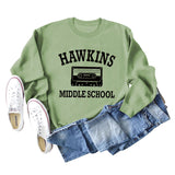 HAWKINS MIDDLE Letter Damen Pullover mit Rundhalsausschnitt, langen Ärmeln, Übergröße