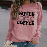 Round Neck Letter COFFEE Tops Women Long-sleeved Printed Loose Sweatshirt