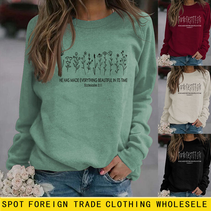 He Has Made Letter Plant Flower Loose Autumn and Winter Long Sleeve Casual Sweater Women