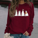 Halloween Ghost Puppy Print Rundhals Herbst Winter Rückenfrei Lose Langarm Damen Sweatshirt