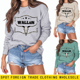 WALLEN Pull surdimensionné à manches longues et tête de vache avec lettres léopard
