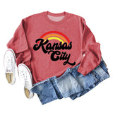 Sweat-shirt à manches longues imprimé lettre arc-en-ciel Kansas City pour femme