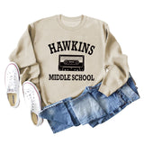 HAWKINS MIDDLE Letter Damen Pullover mit Rundhalsausschnitt, langen Ärmeln, Übergröße