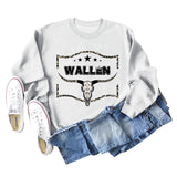 WALLEN Pull surdimensionné à manches longues et tête de vache avec lettres léopard