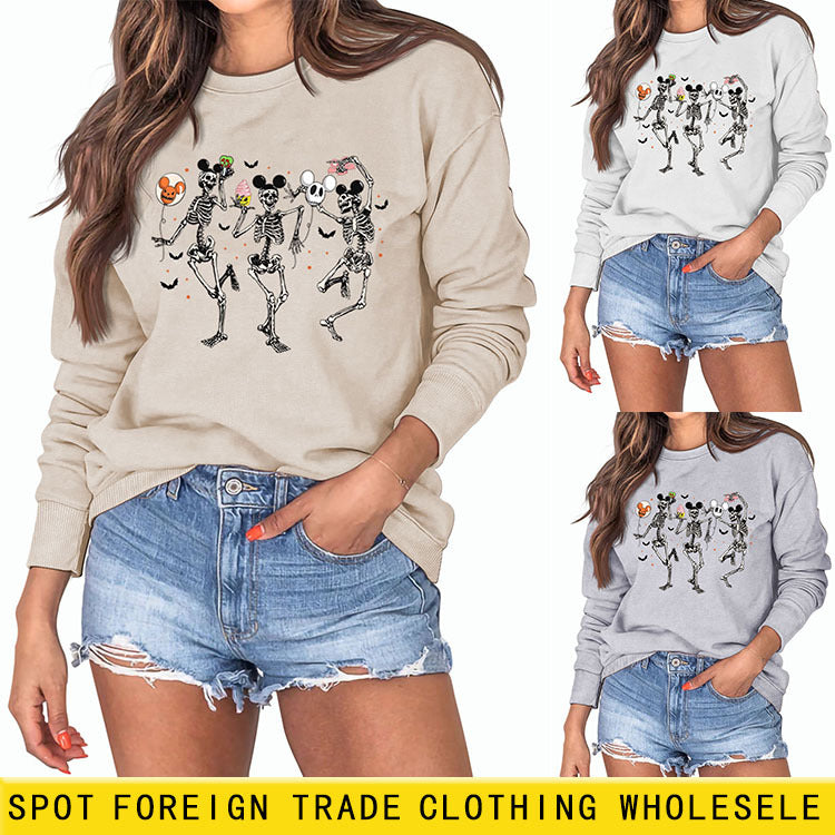 Sweat-shirt à manches longues et col rond pour femme, crâne, chauve-souris, Halloween