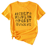 ABCDEFGHIJKIMMN Letter Print Women's New Crewneck Short Sleeve Shirt for Summer