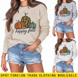 Happy Fall Pumpkin Letter Print Halloween Fall and Winter Round Neck Long Sleeve Sweater Women
