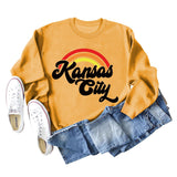 Sweat-shirt à manches longues imprimé lettre arc-en-ciel Kansas City pour femme