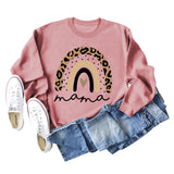 Mama Love Sweat-shirt ample à manches longues et col rond avec imprimé léopard arc-en-ciel