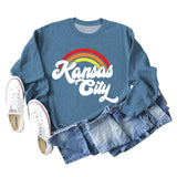 Sweat-shirt à manches longues imprimé lettre arc-en-ciel Kansas City pour femme