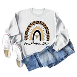 Mama Love Sweat-shirt ample à manches longues et col rond avec imprimé léopard arc-en-ciel