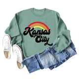Sweat-shirt à manches longues imprimé lettre arc-en-ciel Kansas City pour femme