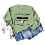 WALLEN Pull surdimensionné à manches longues et tête de vache avec lettres léopard