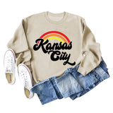 Sweat-shirt à manches longues imprimé lettre arc-en-ciel Kansas City pour femme
