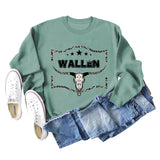 WALLEN Pull surdimensionné à manches longues et tête de vache avec lettres léopard
