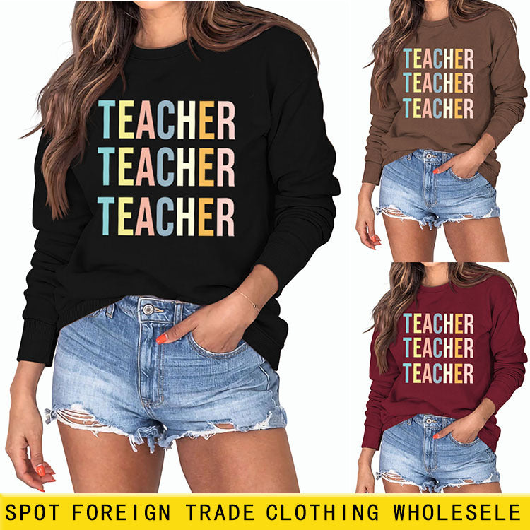 Pull à manches longues pour femme avec lettre d'enseignant et col rond imprimé
