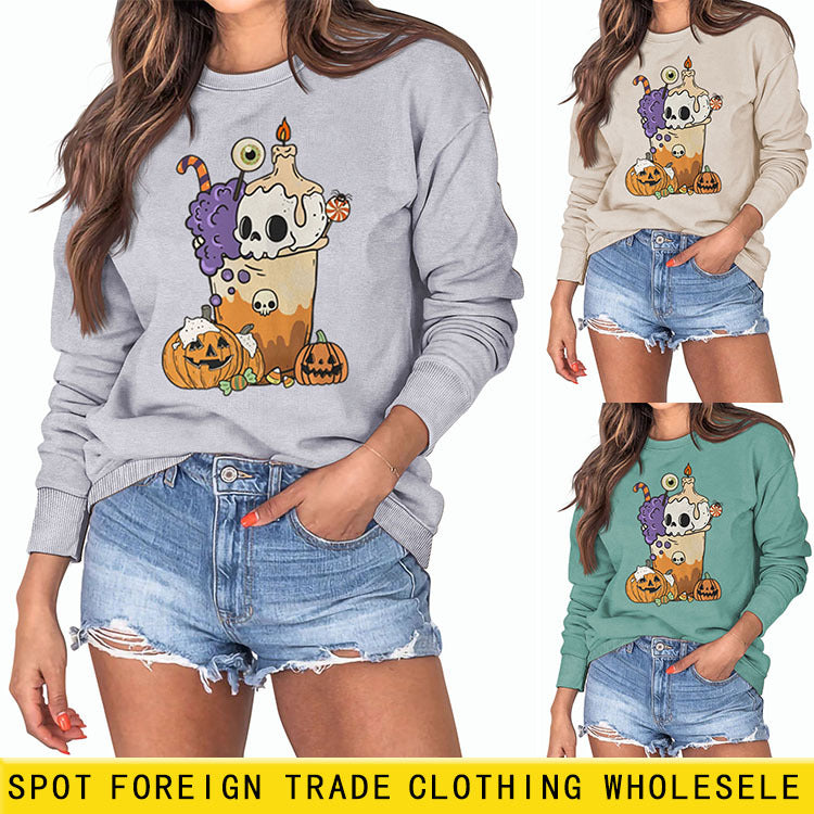 Pull ample à manches longues imprimé citrouille crâne araignée femme