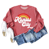Sweat-shirt à manches longues imprimé lettre arc-en-ciel Kansas City pour femme