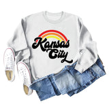 Sweat-shirt à manches longues imprimé lettre arc-en-ciel Kansas City pour femme