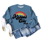 Sweat-shirt à manches longues imprimé lettre arc-en-ciel Kansas City pour femme