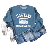 HAWKINS MIDDLE Letter Damen Pullover mit Rundhalsausschnitt, langen Ärmeln, Übergröße