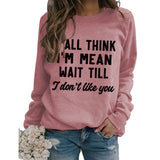 Rundhals-Oberteile, langärmliges, lockeres Sweatshirt mit Y'ALL THINK-Print