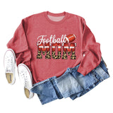 Football Mom Love Leopard Rugby Letter Crew Neck Large Long Sleeve Sweatshirt Women
