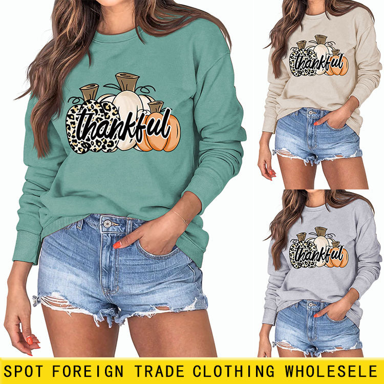 Sweat-shirt à manches longues et col rond pour femme, lettres imprimées léopard et citrouille de remerciement, Halloween