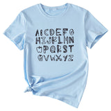 ABCDEFGHIJKIMMN Letter Print Women's New Crewneck Short Sleeve Shirt for Summer