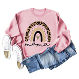 Mama Love Sweat-shirt ample à manches longues et col rond avec imprimé léopard arc-en-ciel